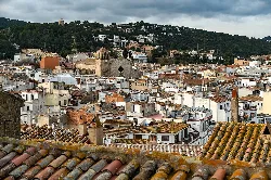 Tejados de tejas en primer plano y vista del pueblo en el fondo.