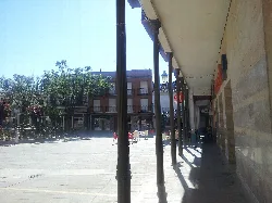 Columns in Herencia's plaza with buildings and trees in the background.