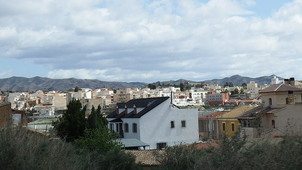 Paisaje urbano de Albox con casas y edificios bajo un cielo nublado.