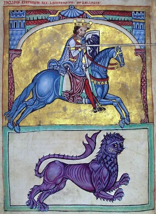 Afonso VIII, rei "Legionensium et Gallecie" (rei dos leoneses e Galicia) nunha miniatura do Tumbo A. Catedral de Santiago. Século XIII.