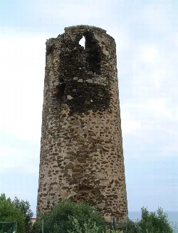 Runder Steinturm mit einer Öffnung an der Spitze, umgeben von Vegetation.