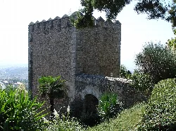 Steinturm mit Zinnen und umliegender Vegetation in Jerez de los Caballeros.