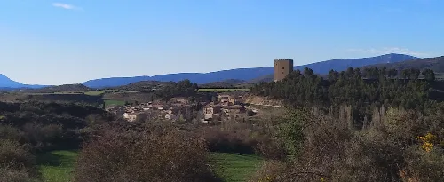 Landscape with houses and a tower in Navardún, Zaragoza.