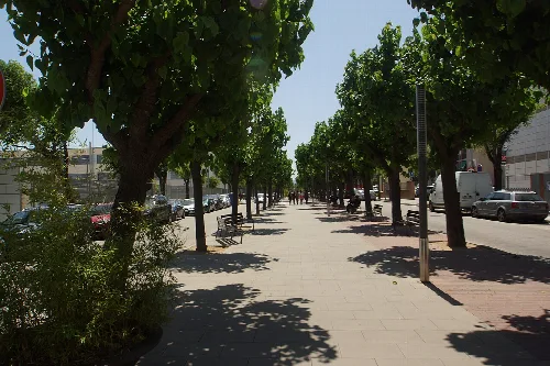 Straße mit Bäumen, Bänken und Schatten in La Llagosta.