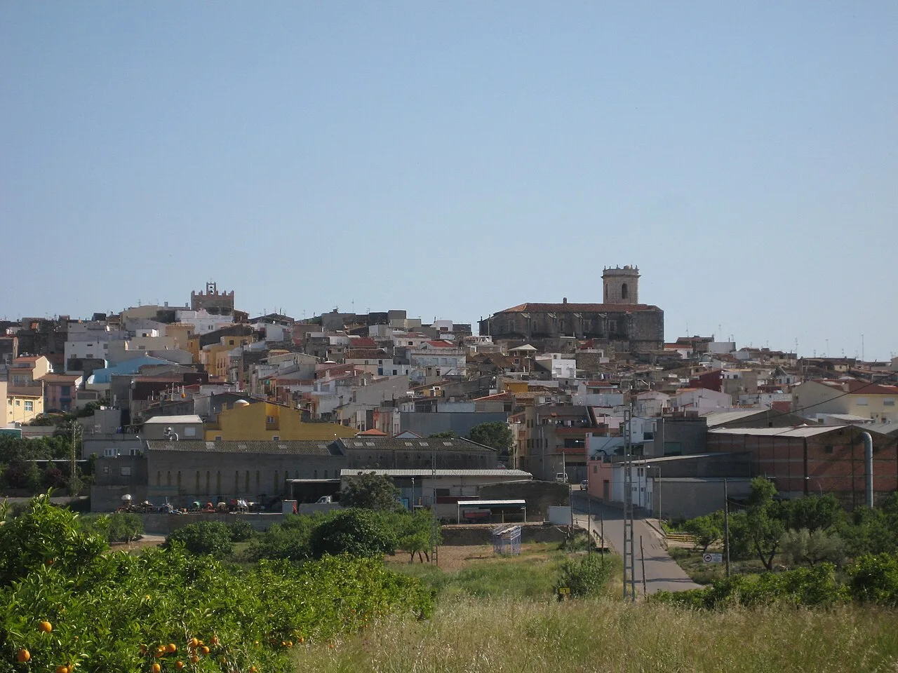 Vista panorámica de Càlig con casas y una torre en lo alto.