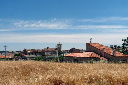 Landscape with houses and field in Atanzón, Guadalajara.