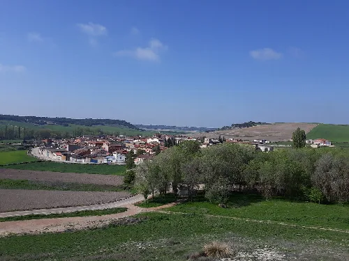 Paisaje con casas, árboles y campos en Wamba.
