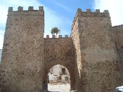 Puerta de arco en la muralla de Manzanera con torres en cada lado.