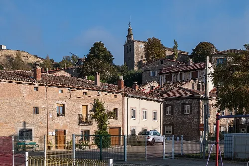 View of houses and a church in Villayerno Morquillas, Burgos