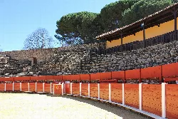 Bullring with stone stands and a wooden barrier.