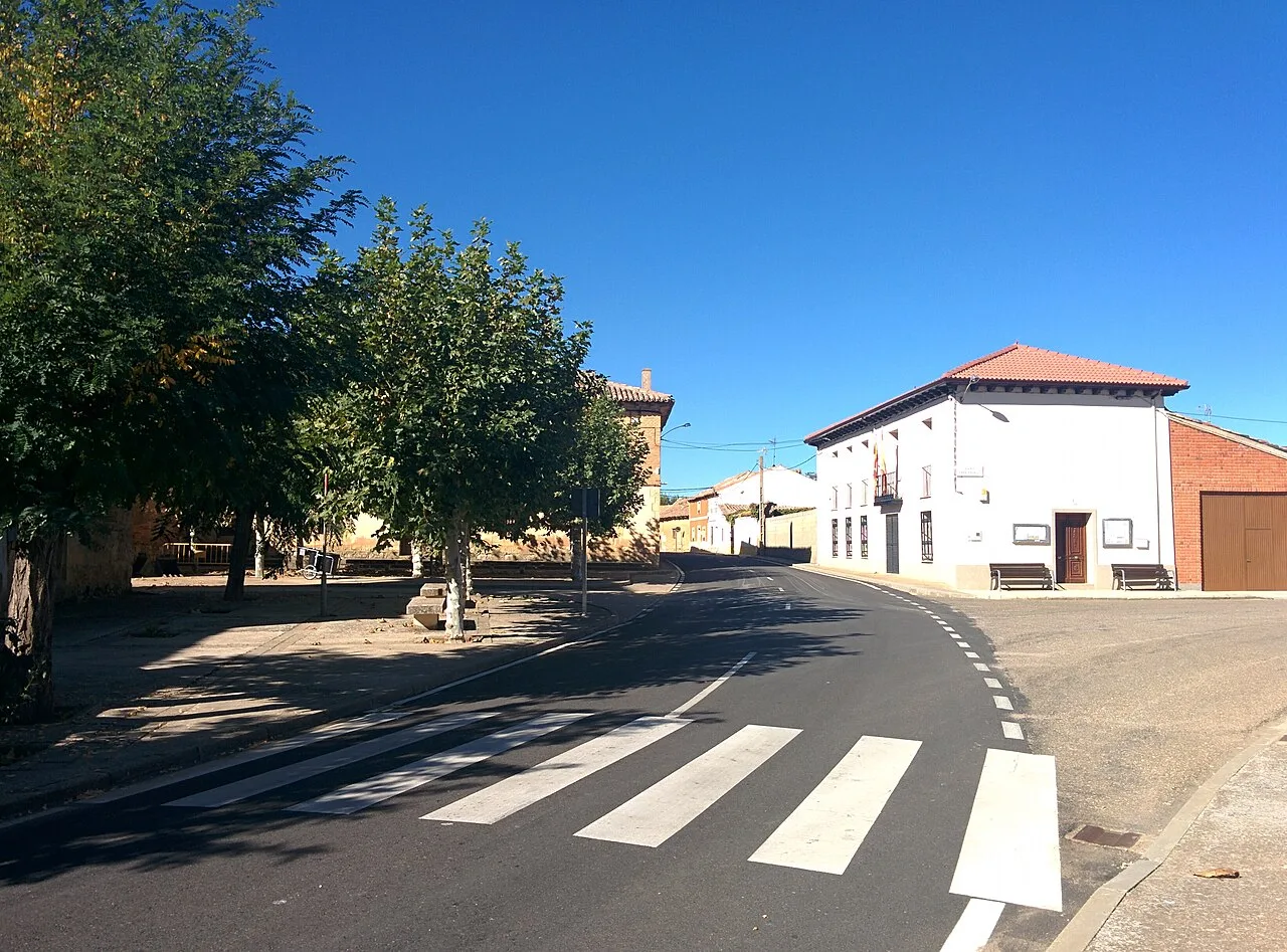 Street with trees and buildings in Villanueva de los Caballeros.