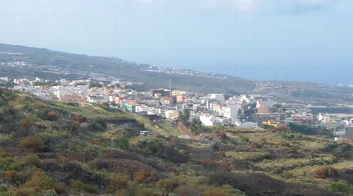 Landscape with white houses and green hills in Guía de Isora, Tenerife, seen from Chiguergue