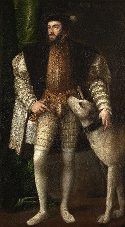 Porträt eines Mannes in historischer Kleidung mit einem Hund neben ihm.