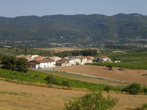 Vista de la vall de Sant Llorenç d'Hortons. Des del turó del Pi Gros, amb el llogaret de Sant Joan Samora en primer terme.