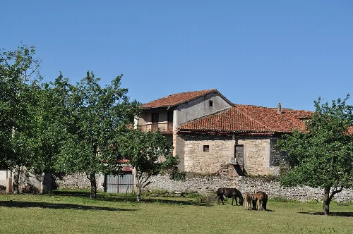 Casa de piedra con tejado de tejas rojas y árboles verdes en el entorno rural.