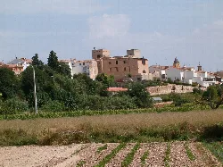 Schloss Novallas auf dem Hügel mit weißen Häusern und Vegetation drumherum.