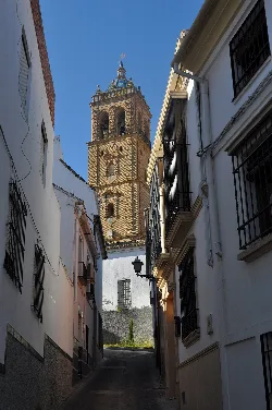 A church tower seen from a narrow street with white houses in Montilla.