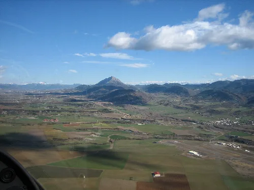Rio Aragon valley to east, Peña Oroel in background middle, Santa Cilia and airport in the right and Jaca in the background left-
