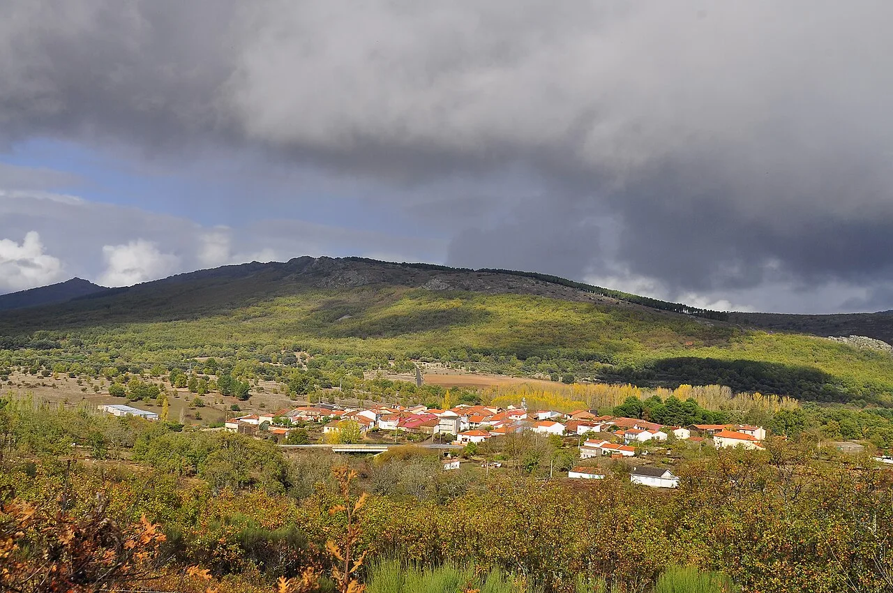 Blick auf ein Dorf umgeben von Natur mit bewölktem Himmel und Herbstlichtern.