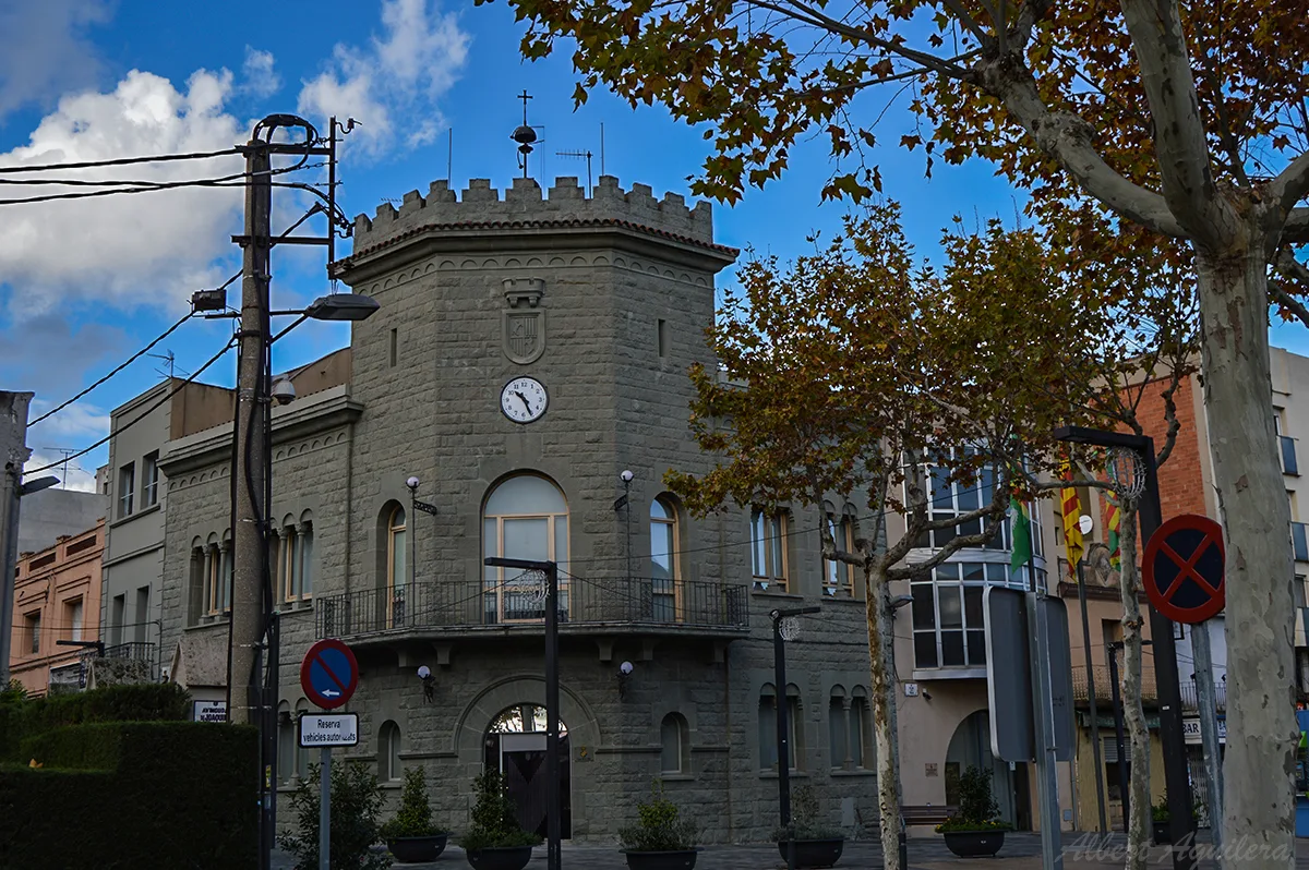 Town hall building with tower and clock in Parets del Vallès.
