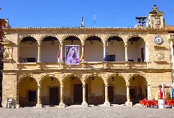 Facade of Villarrobledo town hall with arches and flags