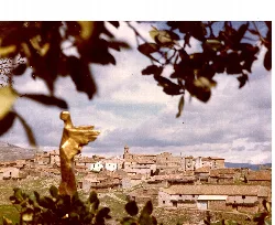 View of a village with a golden trophy in the foreground and old houses.