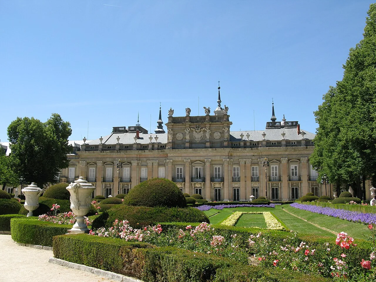 Royal palace with gardens and fountains in La Granja de San Ildefonso.