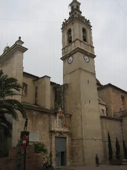Church tower with clock in Albalat de la Ribera, Valencia.