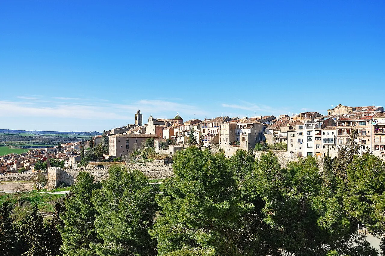 Vista panorámica de Cervera con edificios históricos y murallas.
