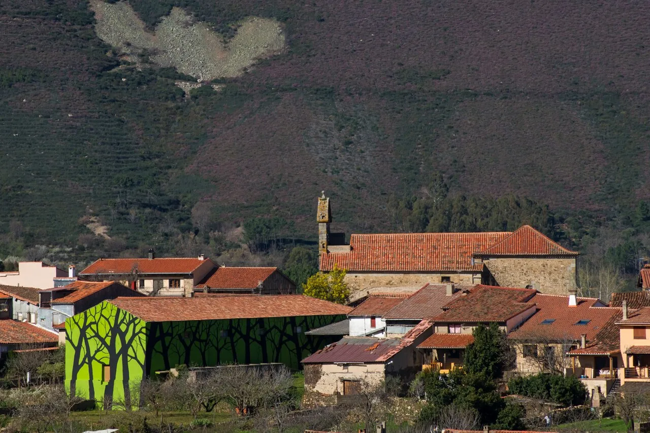 View of a town with red roofs and a tree mural in the foreground.