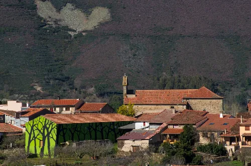 Blick auf eine Stadt mit roten Dächern und einem Baum-Graffiti im Vordergrund.