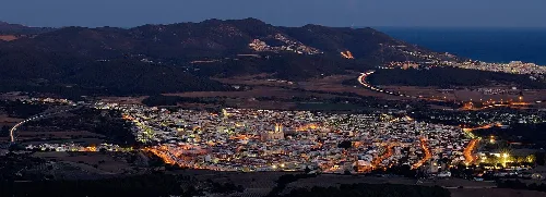 View towards the Garraf National Park from Mont Gros, overlooking the town of Sant Pere de Ribes, near Sitges in Catalonia. The north end of Sitges can be seen towards the coast.