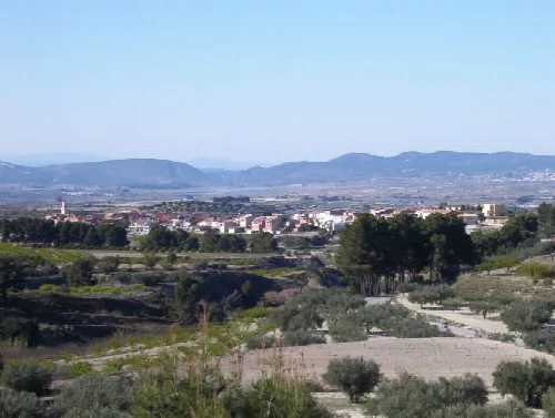 Blick auf Otos mit Häusern, Bäumen und Bergen im Hintergrund