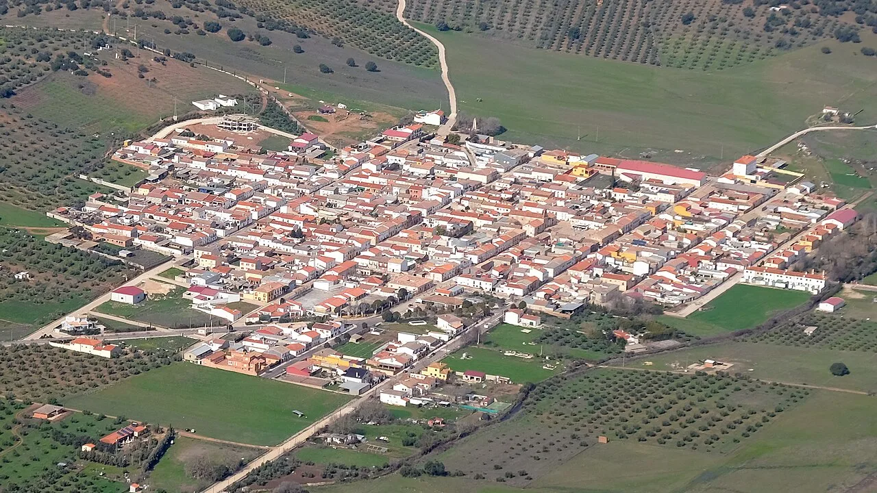 Aerial view of a town with straight streets and white buildings in a rural setting.
