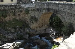 Stone bridge over a river with vegetation and an old neighborhood in the background.
