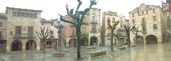 Square with trees, benches, and old buildings in Montblanc.