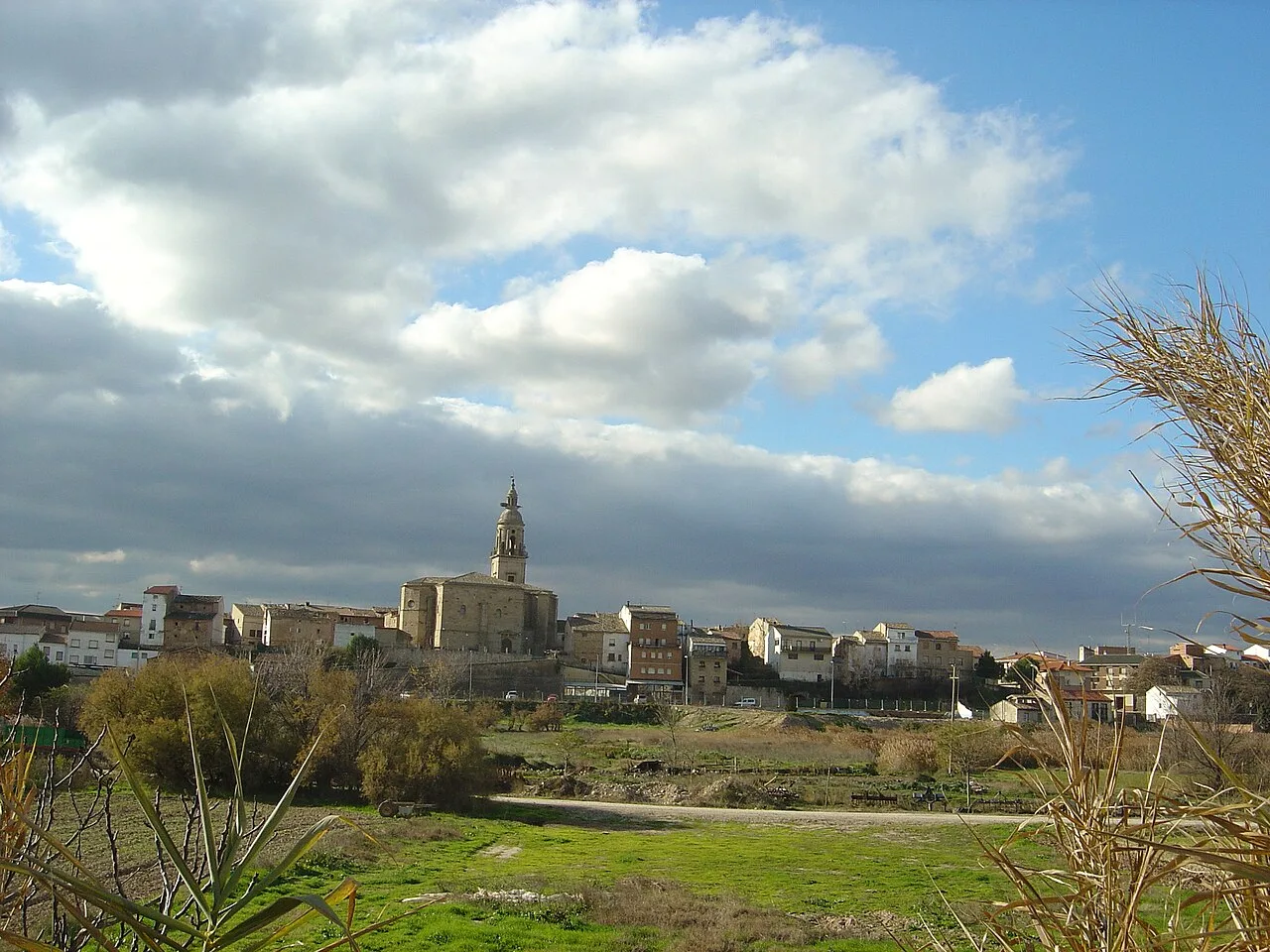 Landscape of Mendavia with church and houses on the hill, cloudy sky.