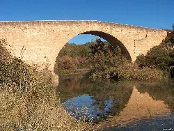 Valdocañas-Brücke mit Bogen über den Fluss und Vegetation an den Ufern.