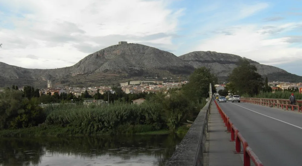 Ciudad con castillo en la colina y río en primer plano.