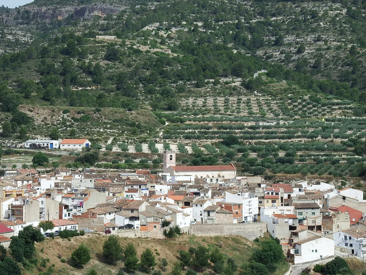 Vista de un pueblo con casas blancas y terrazas agrícolas en las colinas cercanas.