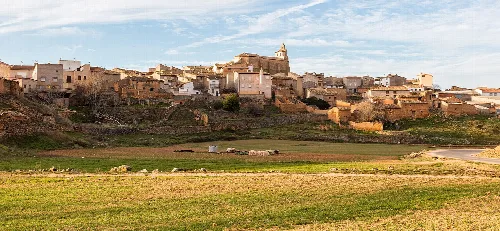 Houses on a hill and fields in the foreground in Alconchel de Ariza.