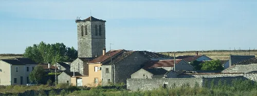 Panoramic view of Perosillo with church and rural houses.
