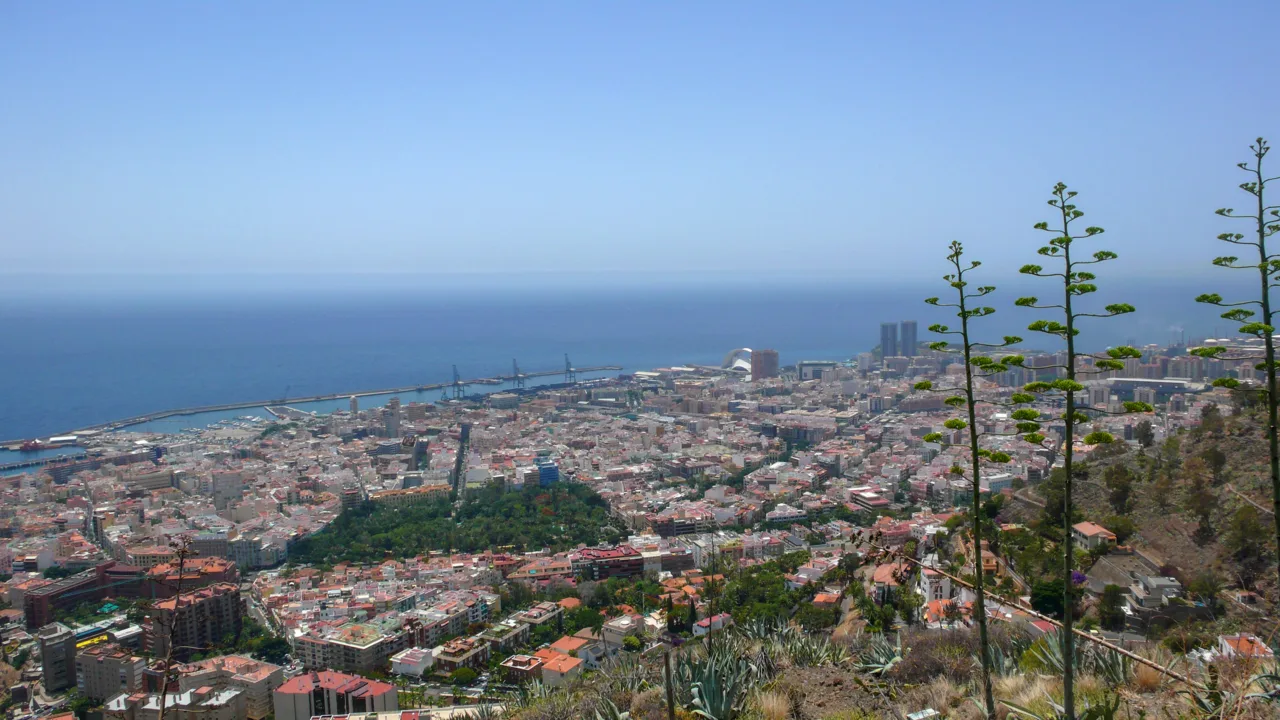 City, sea, and port view from a hill in Santa Cruz de Tenerife.