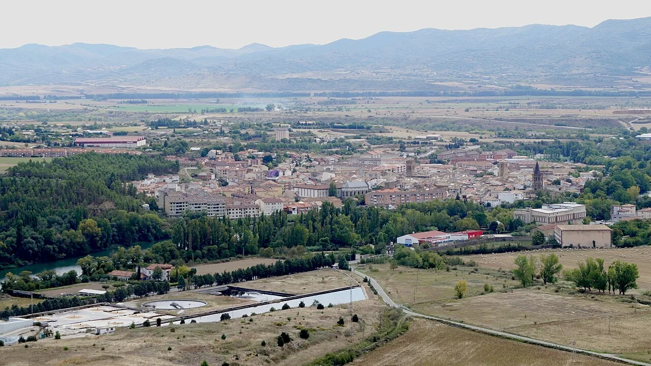 View of Sangüesa from Rocaforte with river and rural landscape.