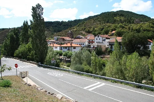 Houses and trees in a village surrounded by mountains.