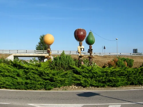 Fruit sculpture in the entrance roundabout to the town of Torrelameu