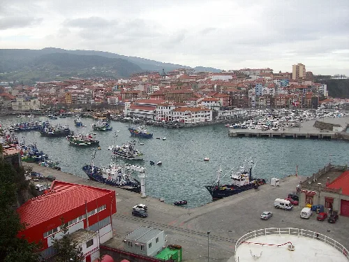 Puerto y edificios en Bermeo, Vizcaya, con montañas al fondo.