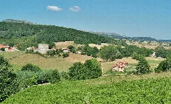 Landscape with castle, church, and green hills in Valle de Valdebezana.