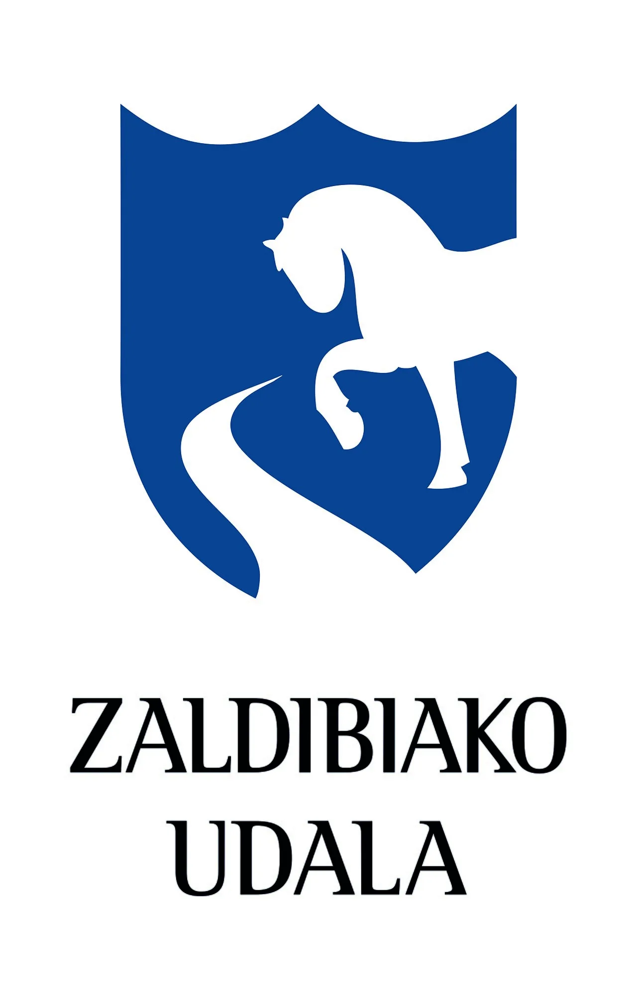 Blaues Wappen mit weißem Pferd und Text Zaldibia Udala.