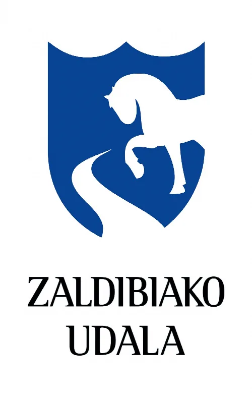 Blaues Wappen mit weißem Pferd und Text Zaldibia Udala.